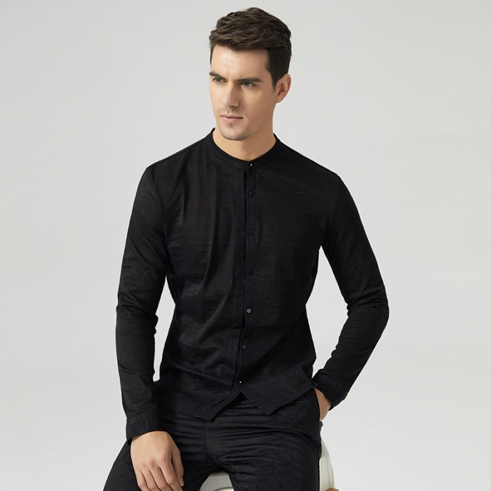 Mens black collarless dress shirt